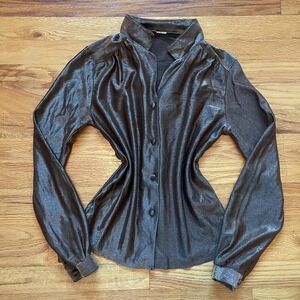 VIntage 70s Brown Metallic Button Up Shirt Size XS Boho Copper Bronze